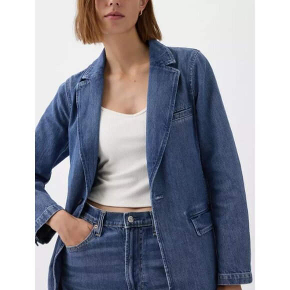 GAP Womens Long Sleeve Single Breasted Denim Blazer Jacket Blue Size L Petite - Picture 2 of 13
